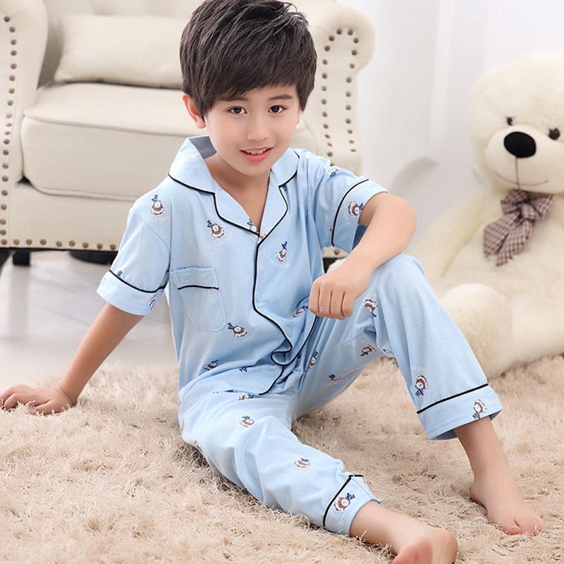 . Childrens pajamagirls mùa xuân và mùa hè bông ngắn tay quần áo đan len ve áo phù hợp với trẻ em gái ở trẻ em nhà lớn