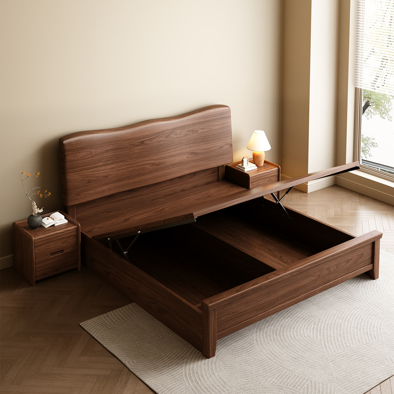 Black Walnut Solid Wood Box Bed Guangdong Foshan 2026 New Model Bed Modern Minimalist Bedroom Air Pressure Storage Bed