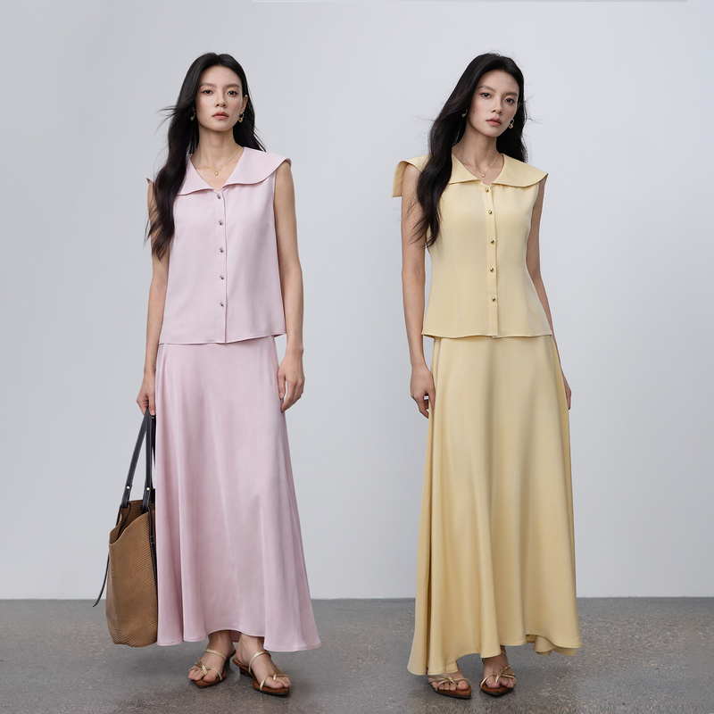 Qingshanjia Gold Embellishment Craft | 28mm Stretch Heavy Crepe Large Lapel Waist-Cinching Blouse + Mermaid Skirt Commuting Set