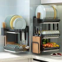 Free Punch Kitchen Wall-mounted Shelve Shelf Free to use Kitchen Knife Chopsticks Bowl and Dish Rack With Drain Plate Containing Shelf