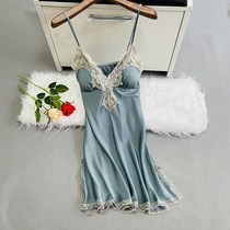 Sexy pajamas womens summer ice silk thin section spring and autumn with chest pad small chest lace suspender night dress mind flirting temptation