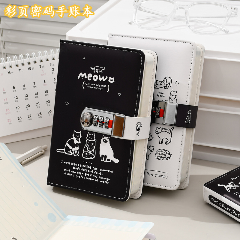 Isaer Meow Meow Little Notes Bubble Lock Notebook Student Cute Cat Thickened Color Pages Journal Password Book Notebook