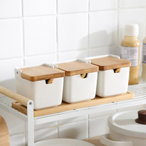 Japanese seasoning tank Ceramic seasoning box Seasoning tank Household salt tank seasoning box Seasoning bottle storage tank Three-piece set