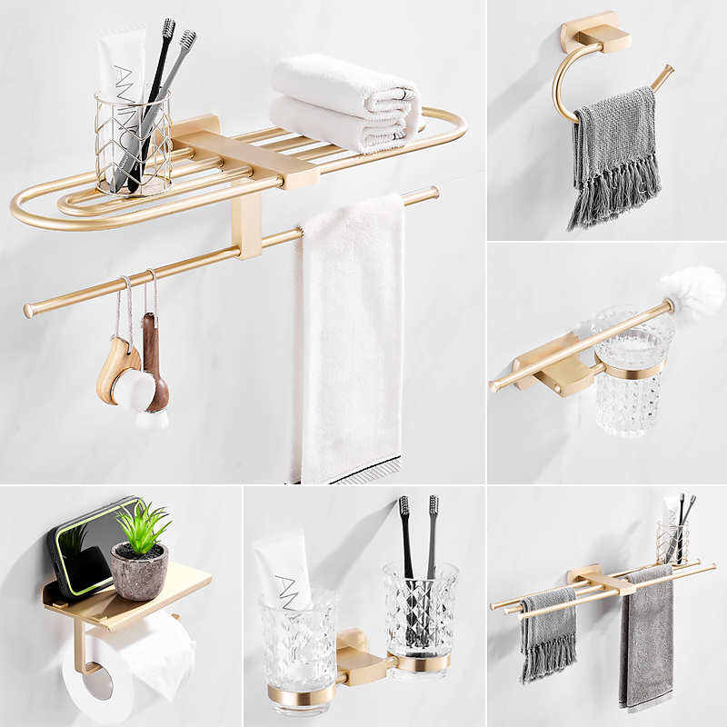 Full copper luxury gold-free punch-free bathroom towel rack with towel rod toilet with toilet shelf rack