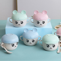 Cartoon Korean Type Round Children Pure Color Wheat Straw Cutlery Kindergarten Bowls Spoon Suit Insulation Anti-Burn Soup Noodle Bowl