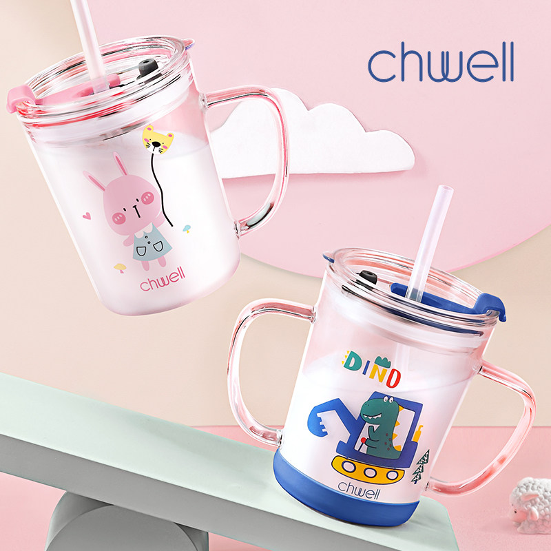 Children's milk cup with graduated straw baby brew special drink milk powder cute microwave can heat the glass