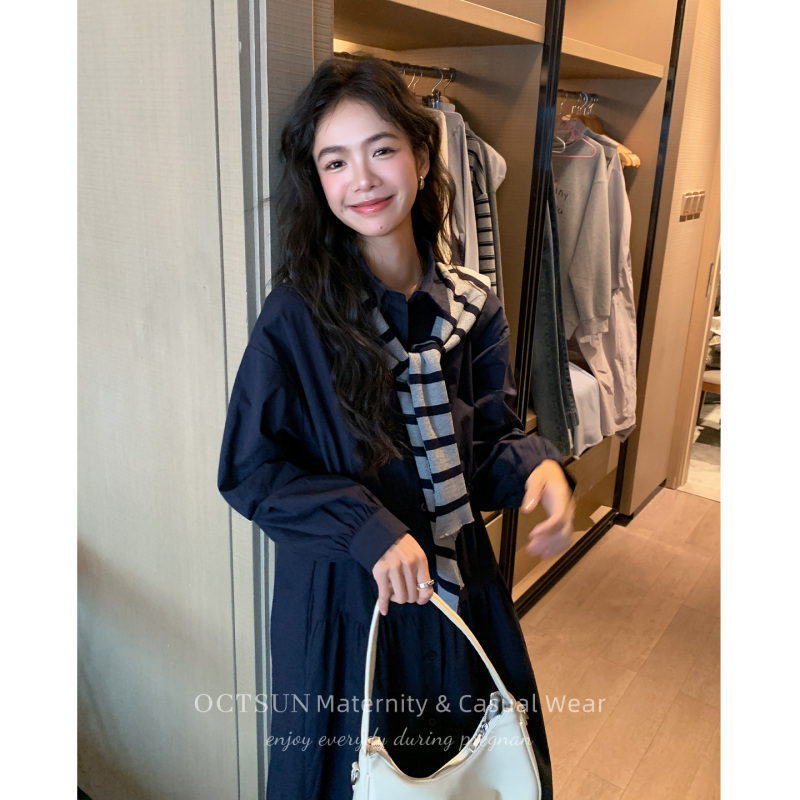 October Fashion Maternity Dress Autumn Korean Style High-End Workwear Dress with Drawstring Waist, Loose Fit, Slimming Long Dress October Fashion Maternity Dress Autumn Korean Style High-End Workwear Dress with Drawstring Waist, Loose Fit, Slimming Long Dress
