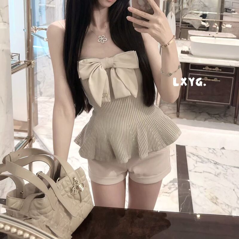 Pure Desire Style Sweet and Spicy Bowknot Strapless Knitted Top for Women, Summer Ruffled Waist-Slimming Vest for Outerwear or Layering