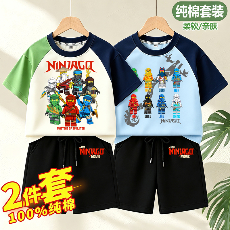 2026 Summer Ninjago Kai Outfit Short Sleeve Set Pure Cotton Children's T-Shirt and Shorts Two-Piece Set Boys' Half-Sleeve