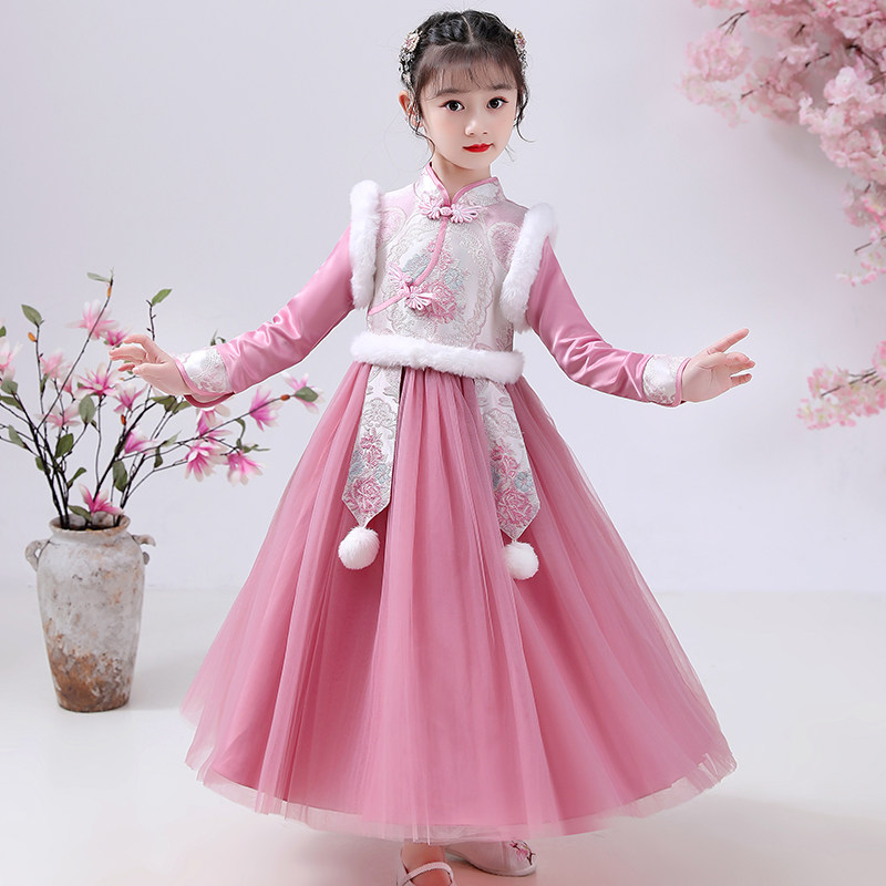 Girls  Tang clothing autumn and winter quilted jacket Hanfu Chinese style childrens cheongsam dress Velvet winter dress New Year princess skirt