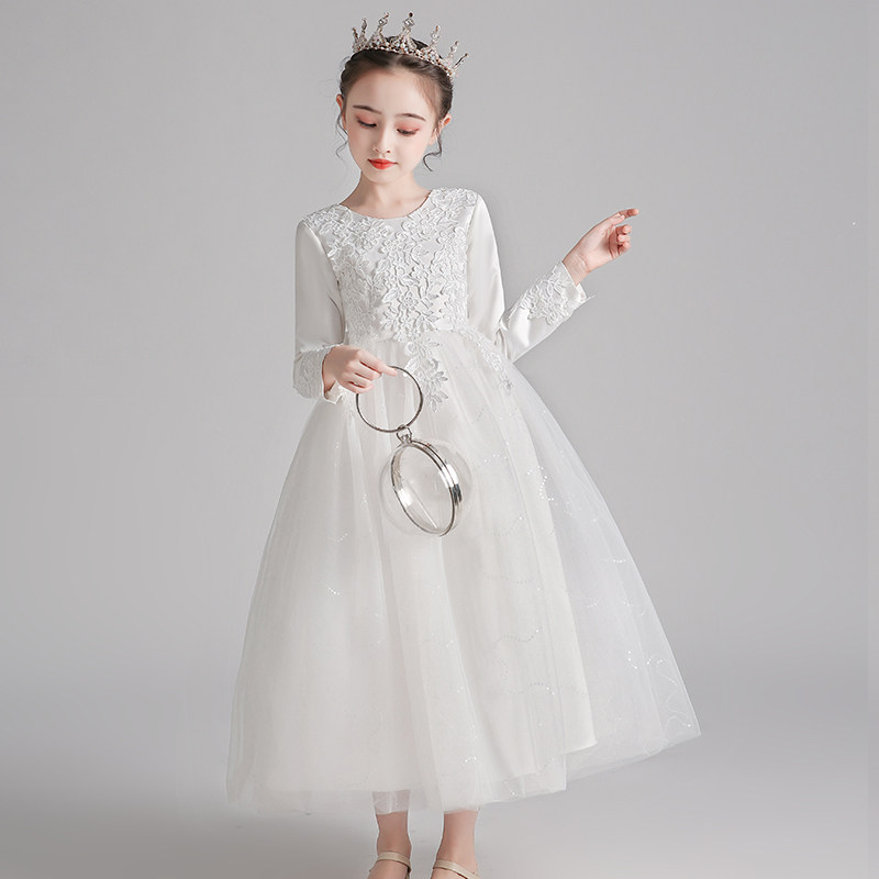 Girls dress dresses Foreign princess wedding long sleeve flower girl wedding dress Host catwalk birthday piano performance clothing