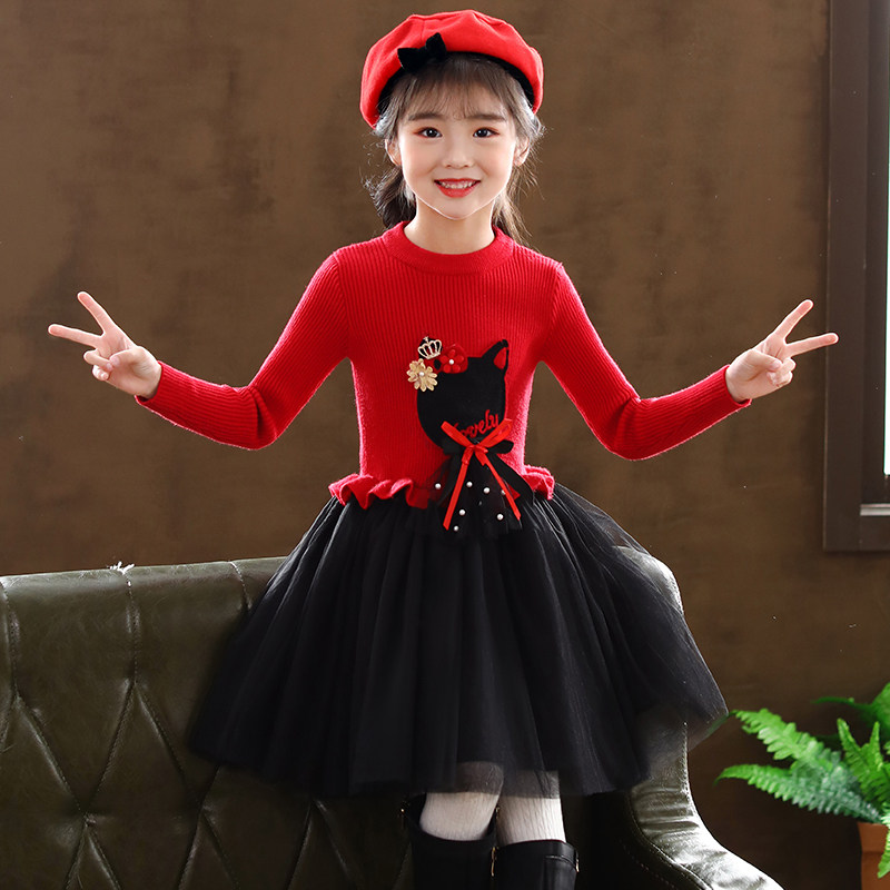 Girls sweater skirt base Korean knitted dress Childrens long-sleeved winter skirt Childrens foreign warm princess skirt