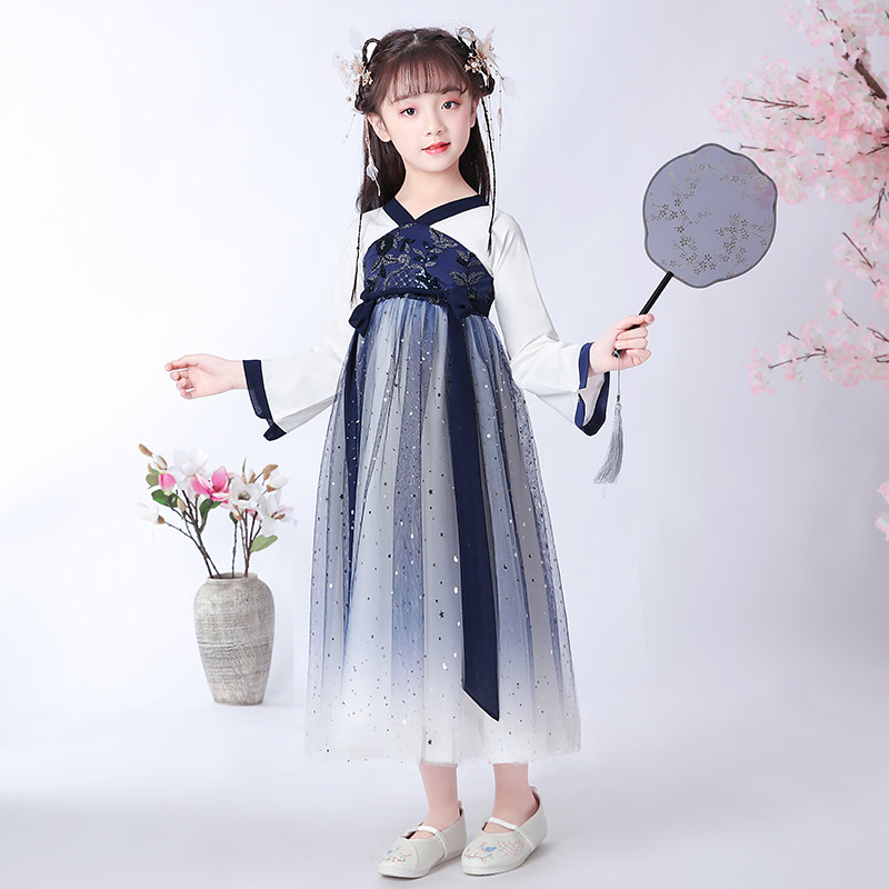 Hanfu girl 襦 dress fairy flowing autumn clothes shaking sound childrens costume Chinese style dress super fairy 12-year-old girl