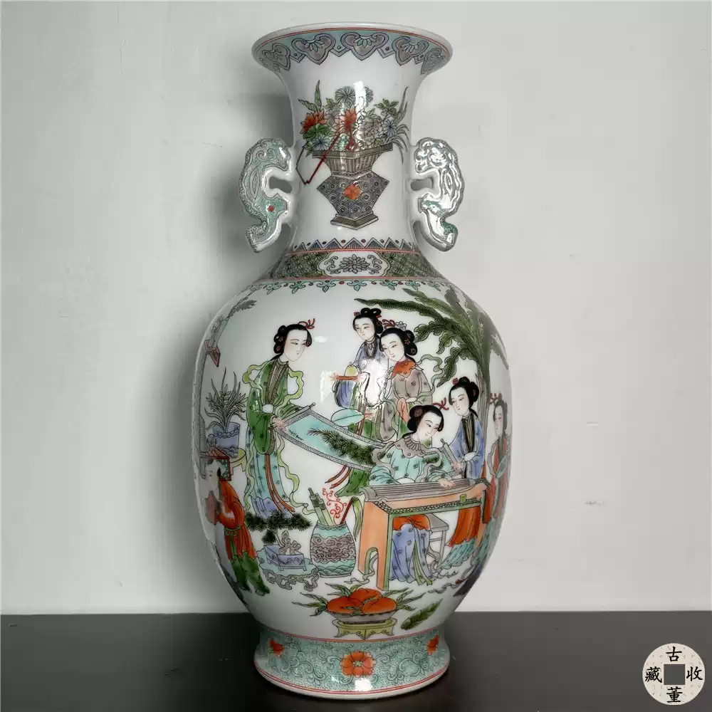 古董清代粉彩花瓶干隆年制仕女图瓷瓶收藏装饰白瓷工艺品