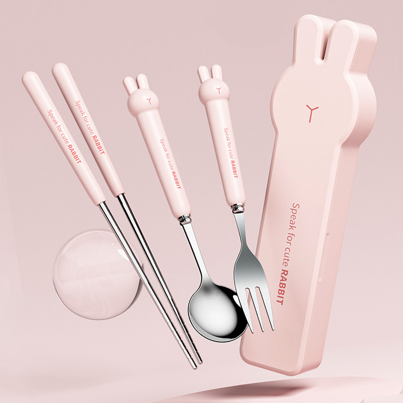 Chopsticks and Spoon Set Portable Cutlery Storage Box Three-Piece Set for Elementary School Students, Children, School Use, Single-Person Use, Fork Included