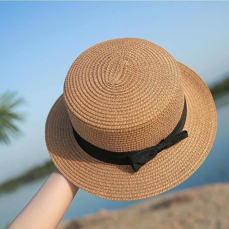 Straw hat women's flat brim summer sun hat Japanese fashion sun protection hat ladies straw flat top sun hat foldable