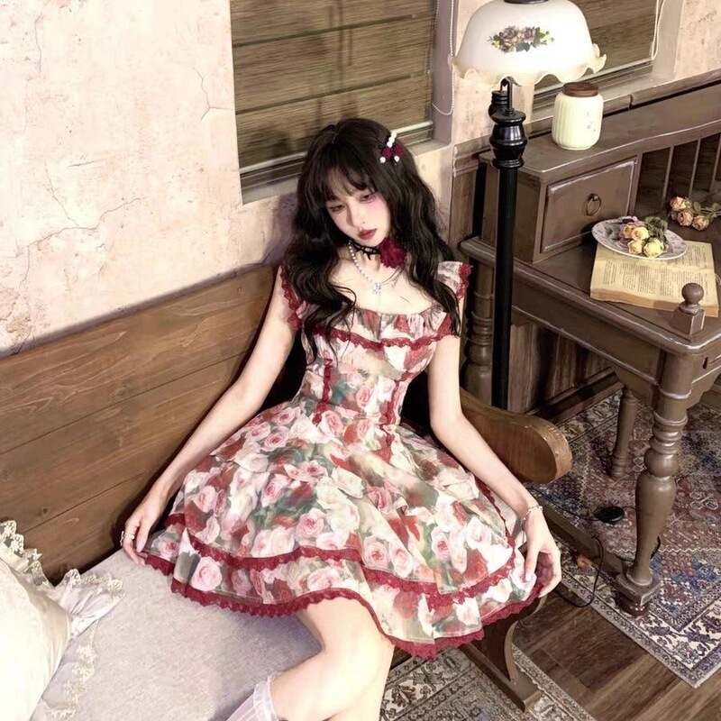 Rose Print Retro Sweet Floral Waist Slimming Dress 2026 Summer New Lace Princess Short Skirt