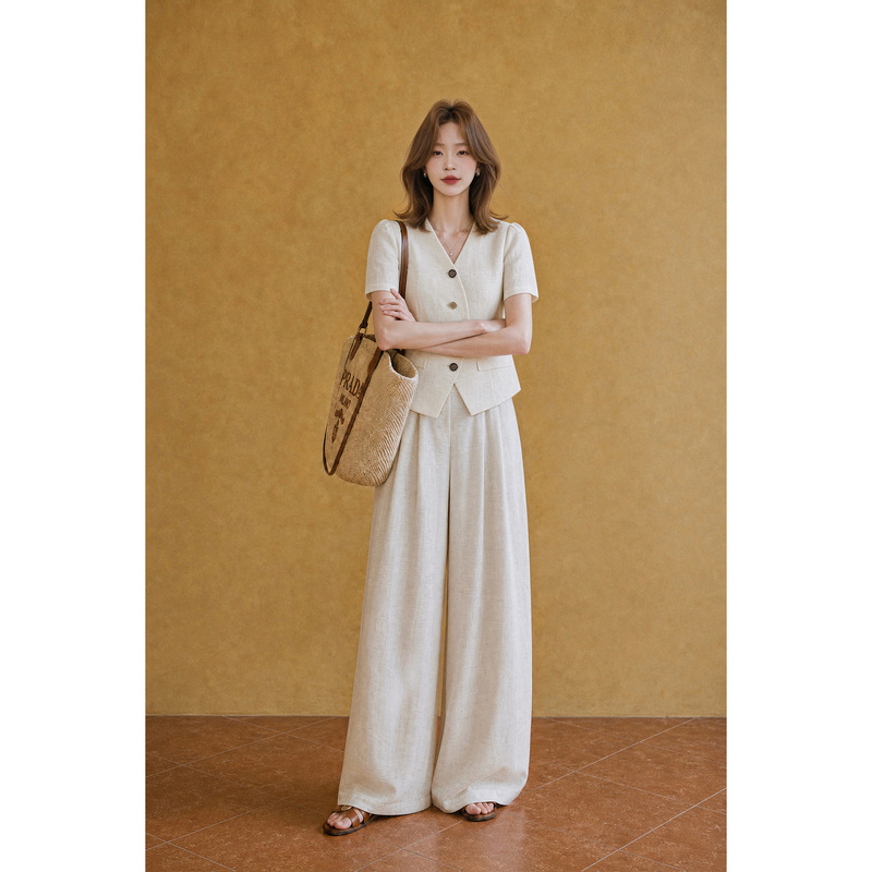 Small Grain Linen Casual Suit for Women, Petite Old Money Style Short-Sleeved Top and Wide-Leg Pants, Fashionable and Elegant Two-Piece Set
