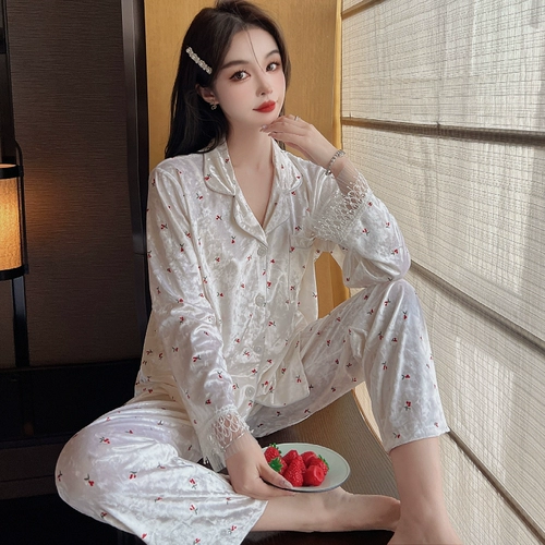 Бархатная осенняя демисезонная пижама, сексуальный комплект, 2024 года, цветочный принт, 3 предмета