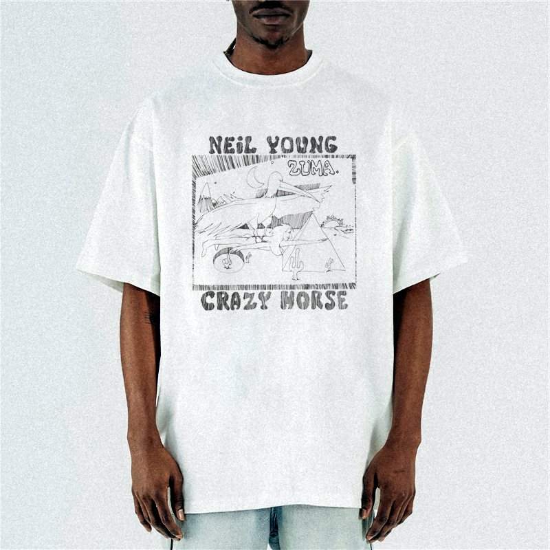 Digital Direct-Print Neil Young Crazy Horse Printed T-Shirt, Short-Sleeved, Pure Cotton, Heavyweight
