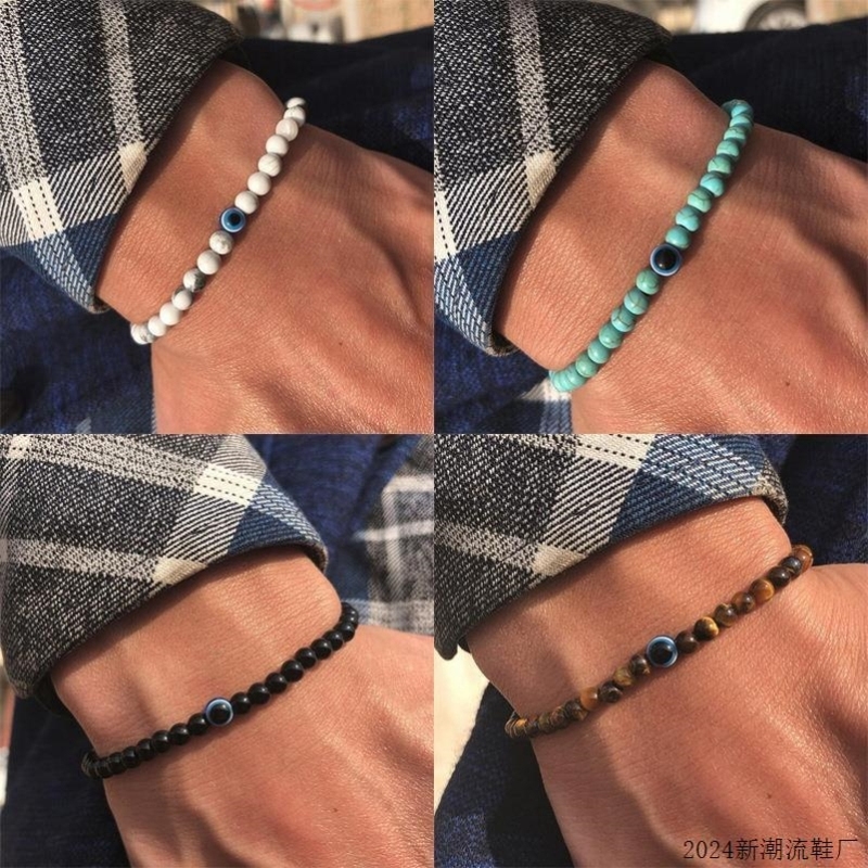 New Fashionable 6mm Natural Stone Bead Eye Bracelet, Versatile and Personalized Devil's Eye Beaded Elastic Men's Bracelet
