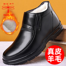 Dragonfly brand (100% full cowhide) mens warm business casual leather winter wool non-slip cotton shoes