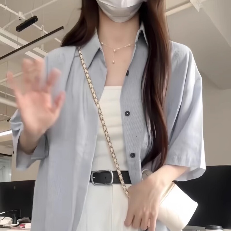 Korean-Style Blue Striped Short-Sleeved Shirt, Summer Loose and Casual Style, Niche Versatile Design, Chic and Unique Shirt Korean-Style Blue Striped Short-Sleeved Shirt, Summer Loose and Casual Style, Niche Versatile Design, Chic and Unique Shirt