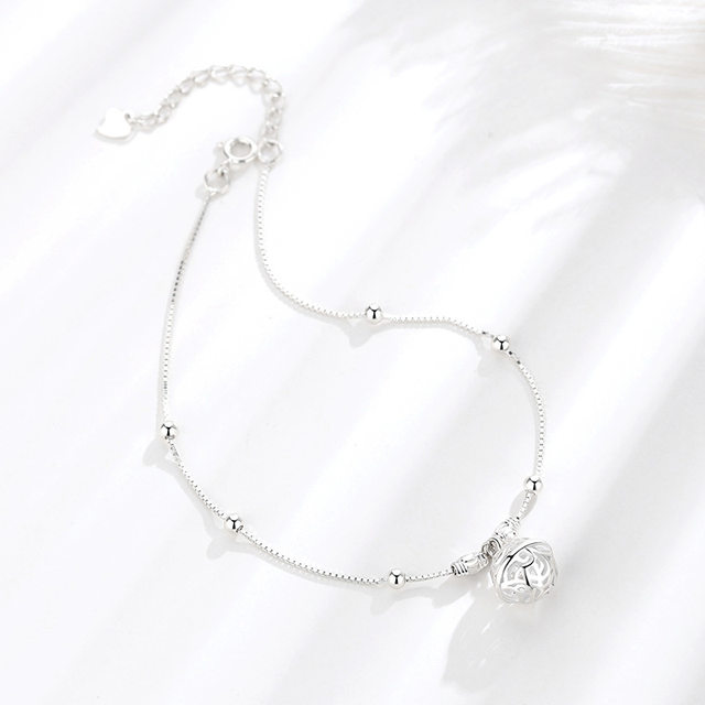 Gong bell anklet women's s925 sterling silver antique round beads simple Korean style personalized women's sexy foot accessories temperament ankle chain