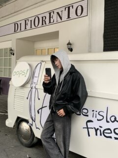 Hopeshop korean autumn and winter loose retro fake two-piece hooded leather jacket men's versatile short motorcycle jacket