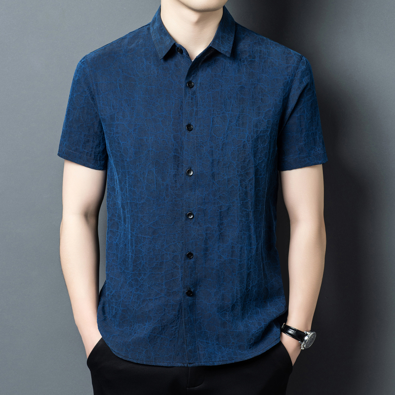 Pierre Cardin Xiangyunsha High-End Men's Silk Shirt Men's Summer Short-Sleeved Shirt Silk Blue Shirt Pierre Cardin Xiangyunsha High-End Men's Silk Shirt Men's Summer Short-Sleeved Shirt Silk Blue Shirt
