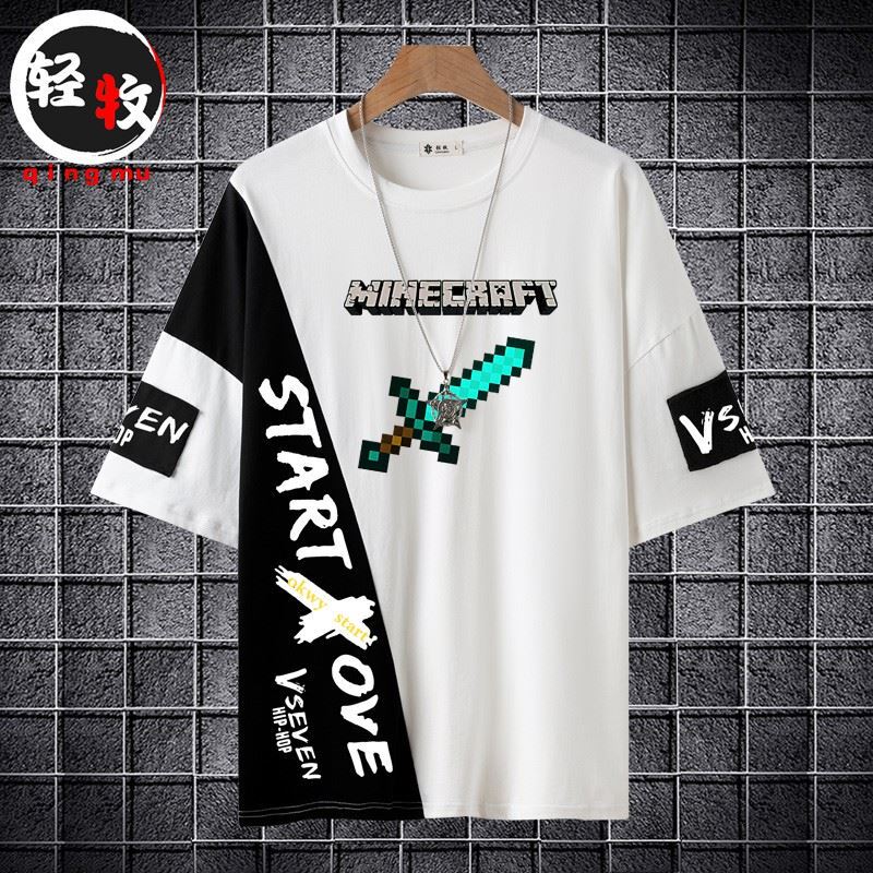 Minecraft Creeper Short-Sleeve T-Shirt for Men, Summer Trendy Anime Print, Loose Casual Half-Sleeve Top
