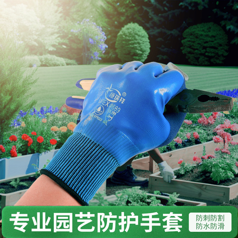 园艺防水天然乳胶干活园艺手套防刺防滑耐磨防水防割丁晴女士小号