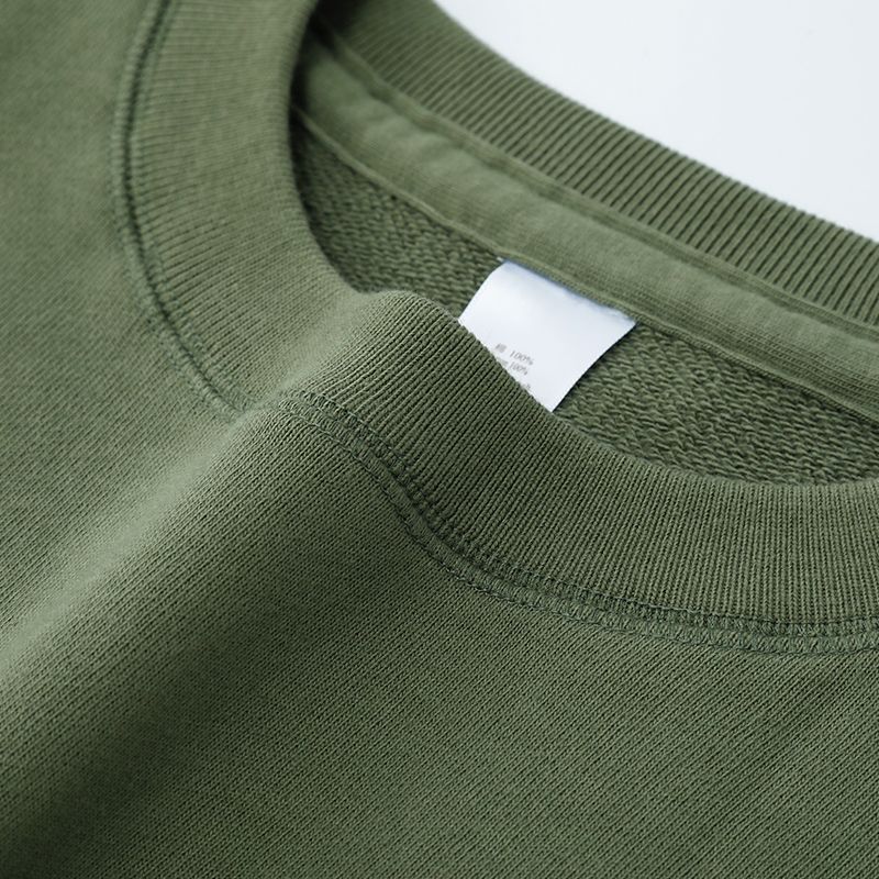 2023 New Autumn and Winter Army Green Terry Cloth Needle-Knit Crew Neck Pullover Sweatshirt Pure Cotton Solid Color Thick Unisex Style