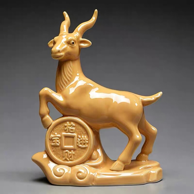 Earthy Yellow Ceramic Sheep Figurine, Zodiac Goat, Auspicious Ornament, Corner Fixer, Home Living Room Decoration Craft