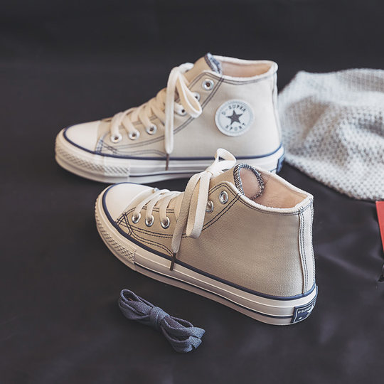 加绒高帮小白鞋帆布鞋女鞋2025年秋冬季新款保暖棉鞋二棉鞋板鞋