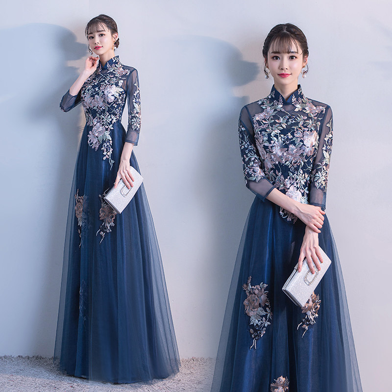 Grand choir performance costume female new classical fairy gift instrument catwalk cheongsam recitation long skirt guzheng performance costume