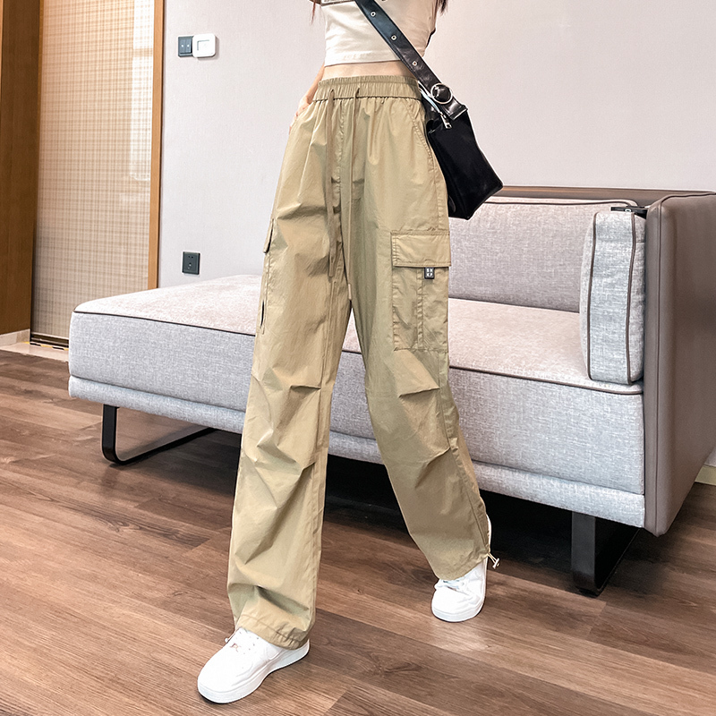 Women's Cargo Pants Summer 2025 New Style Spring and Autumn All-Cotton Petite American-Style Straight-Leg Cuffed Wide-Leg Pants