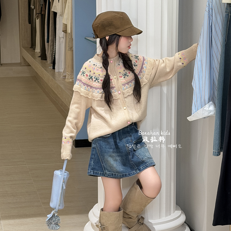 Bora Korean Girls' Sweet Knitted Cardigan Autumn New Style Girls' Jacquard Sweater Coat Children's Autumn and Winter Woolen Sweater