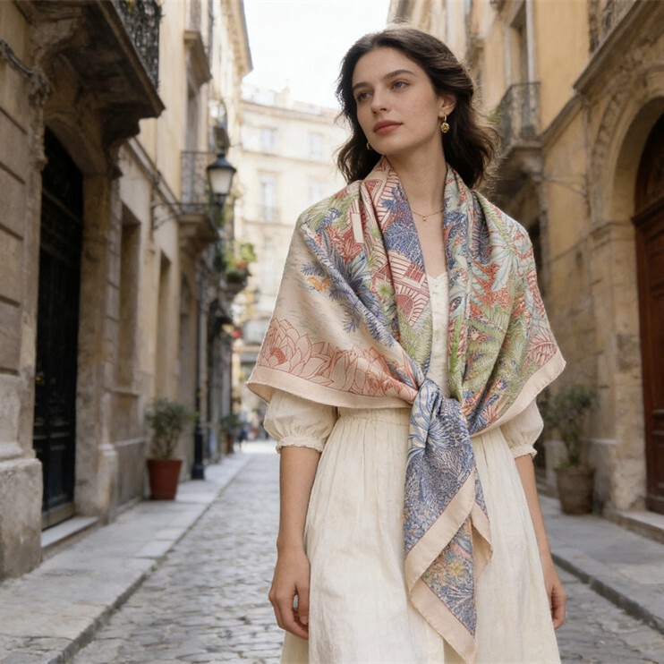 Silk Scarf, Large Square Scarf, Fubao Rainforest Double-Sided, Two-Tone, Versatile, Suitable for Spring, Autumn, and Winter, Made of Mulberry Silk and Wool, Shawl, Silk Wool Scarf for Women
