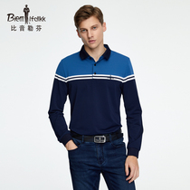 Bjørn Löfven Spring Summer Mens Paneled Striped Lapels Long Sleeve T-Shirt Comfortable Breathable Skin-Friendly Casual Polo Shirt