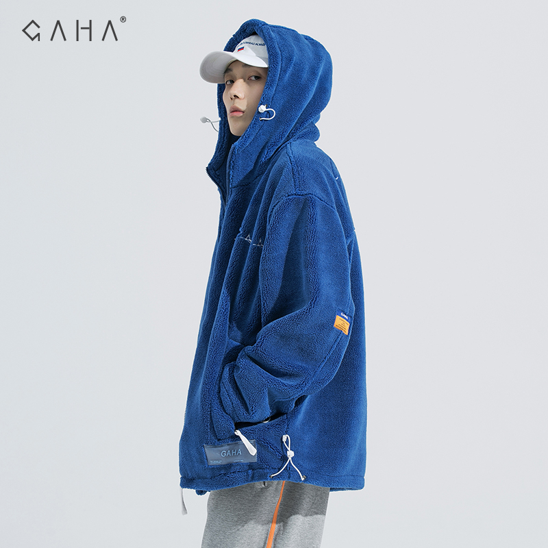 Gaha GAHA thêu bức thư đơn giản rocking nhung cardigan đội mũ trùm đầu bảo vệ áo người đàn ông lỏng quần áo bông dày