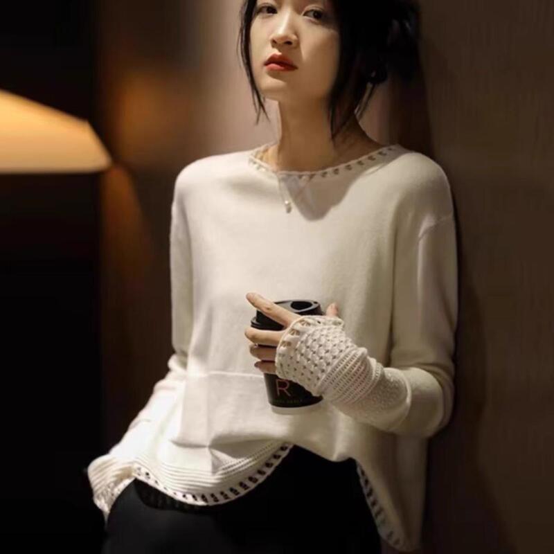 Spring and Autumn High-End Elegant Round-Neck Loose Pullover Hollow-Out Knitted Base Shirt Short Sweater