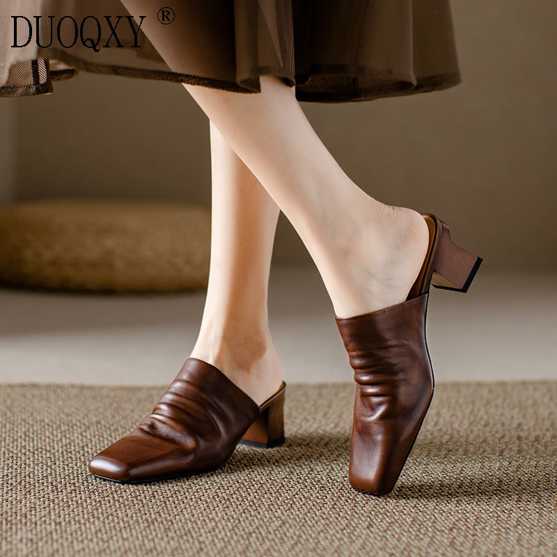 French Retro Square-Toe High-Heeled Mules for Women, Genuine Leather Brown Mules with Chunky Heels, Half-Slip-On Leather Shoes