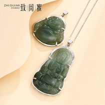 Smiling face Millver mosaic S925 pure silver edge emerald Jade Buddha Guanyin pendant male silver necklace pendant female lock bone chain