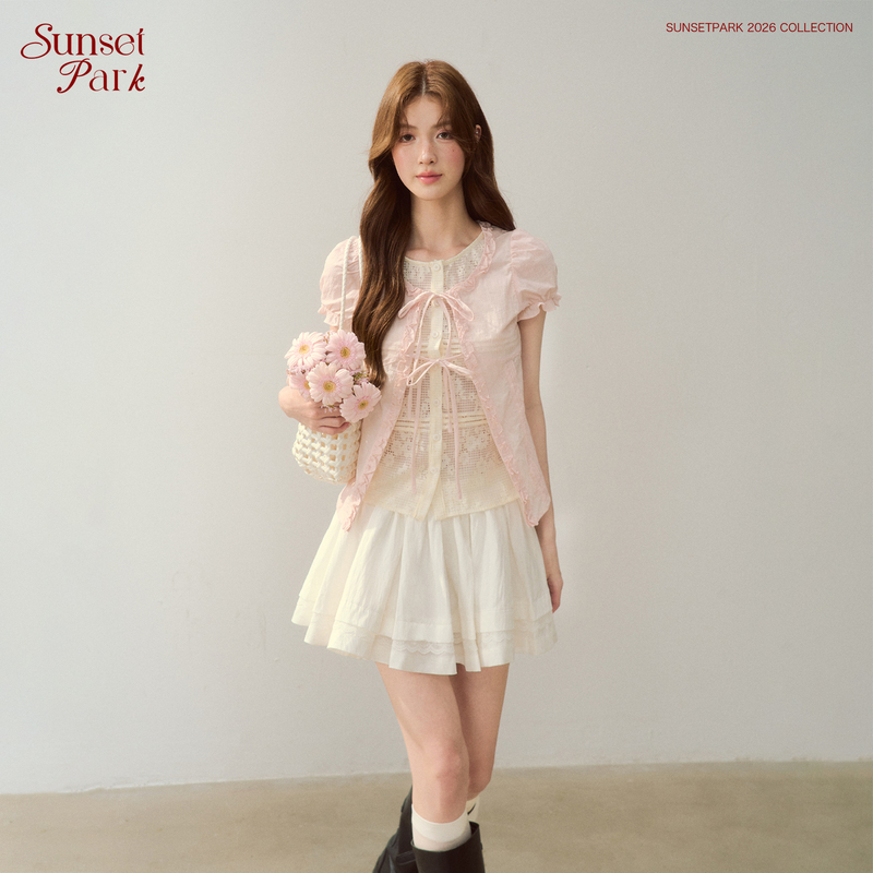 Sunsetpark Sweet Style Fake Two-Piece Lace Puff Sleeve Tie Slim Short-Sleeve Shirt for Women Summer
