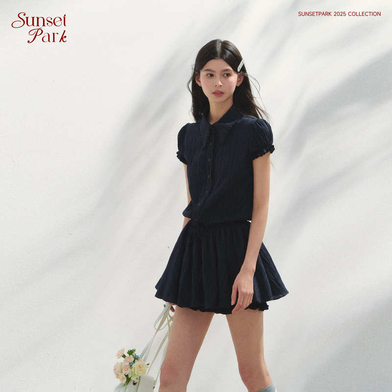 [Same Style as Chen Duling] Sunsetpark Navy Blue Preppy Style Short-Sleeved Shirt Waist-Cinching Dress
