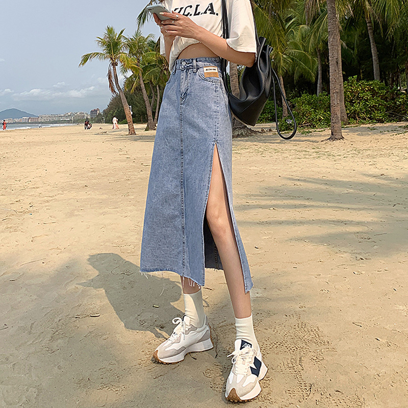 Blue [High Quality] + BeltHigh waist Split Denim skirt female summer Internet celebrity new pattern Show thin A word hottie Buttocks skirt Retro Long skirts