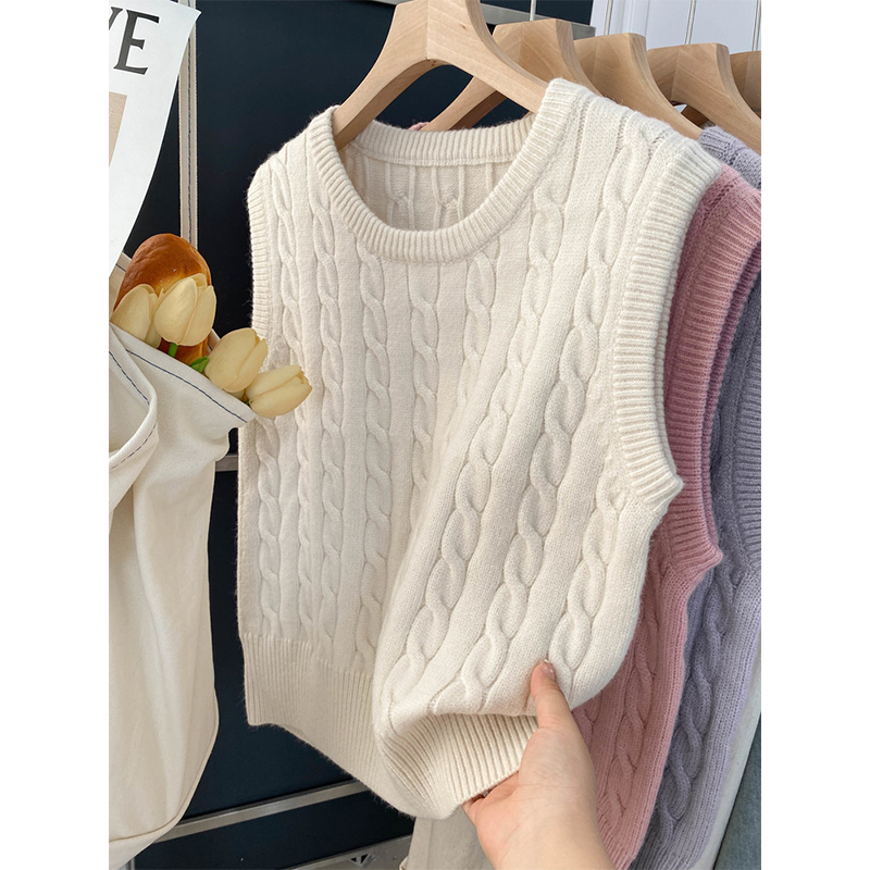 Academy-Style Soft Twist-Knit Sweater Vest for Women, Spring and Autumn Round-Neck Knitted Sleeveless Pullover Vest