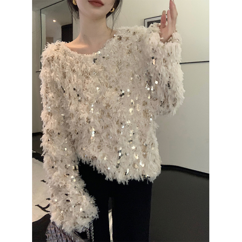 Sequined High-End Elegant Knit Sweater for Women, Autumn and Winter Round Neck Pullover Sweater, Chic French-Style Top for Layering