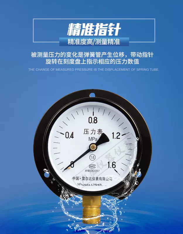 Đồng hồ đo áp suất Relda đai xuyên tâm phía sau Y-100T60T biển 0-1/1.6/2.5Mpa khí nước đo áp suất dầu